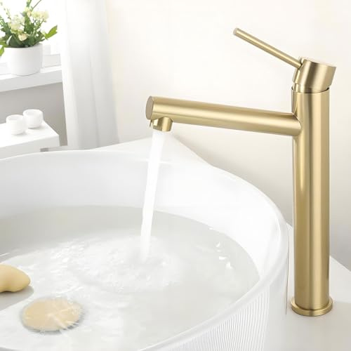 Tondiy Hoch Waschtischarmatur Matt Gold, Wasserhahn Bad Hohe Armatur für Aufsatzwaschbecken, Einhebelmischer Badarmatur mit Auslaufhöhe 233 mm, Aufsatzbecken Mischbatterie für Badezimmer