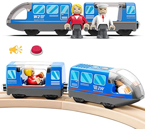 LiRiQi Eisenbahn elektrische lok Holzeisenbahn Zug, Batteriebetriebener Lokomotivzug, Leistungsstarker Motorzug kompatibel mit Thomas, Brio, Spielzeug für Kinder Kleinkind Junge, Blau