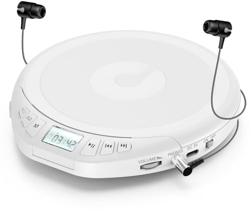 Gueray CD Player Tragbar Kinder Tragbarer CD-Player fürs Auto Discman mit Kopfhörer LCD-Display Unterstützung ASP PROG Speicherfunktion Repeat-Funktion Sound-Effekt Weiß