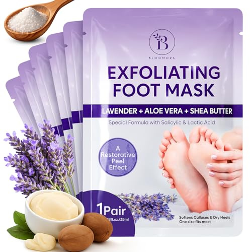 Fußmaske (6 Paar), Foot Peeling Mask & Fussmaske mit Lavendel & Sheabutter, Exfolierende Hornhaut Socken & Hornhautentferner Socken, Feuchtigkeitsspendende Foot Mask für Damen & Herren, Einheitsgröße