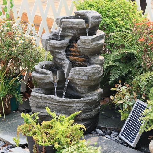 Bumilgar Solargetriebener 6-stufiger Kaskadenbrunnen mit LED-Beleuchtung, inkl. Pumpe & Solarpanel | 62 cm hoch, Steingrau für Terrasse, Balkon, Vorgarten | Natursteinoptik-Wasserfall, Außendeko​