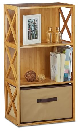Relaxdays Regal Bambus mit Korb, 3 Ablagen, Holz Standregal, Badregal, Faltbox, HxBxT: 80 x 42 x 29 cm, natur braun, Naturbraun