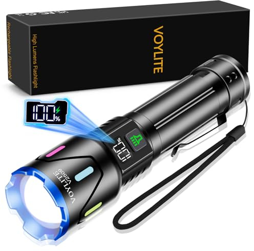 Voylite Taschenlampe LED Aufladbar 500000 Lumen, Extrem Helle Taschenlampen mit 5000 mAh Akku und LCD-Leistungsanzeige, 3 Leuchtmodi, Zoombar, für Camping & Outdoor