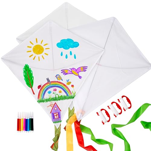 THE TWIDDLERS 3 Flugdrachen (65cm) zum Selbst Gestalten mit 8 Filzstiften & 3 Leinen - Outdoor Spiel, Drachen Bastelset für Kinder, Jungen & Mädchen