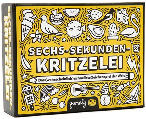 Gamely Sechs-Sekunden-Kritzelei | Zeichenspiel | Partyspiel | 10 Begriffe in 60 Sekunden zeichnen, 110 Karten, einfache Regeln, ab 8 Jahren, 2+ Spieler. Für Kinder & Erwachsene