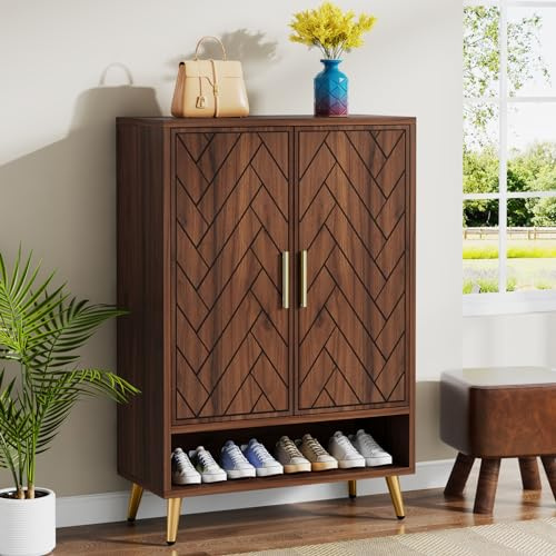 Tribesigns Schuhschrank mit 2 Türen, 75x 37x 110cm,Schuhregal Schuhkommode für 25 Paar Schuhe Regal,Schuhkipper schmal Holzregal Organizer für Eingang, Flurschrank,Wohnzimmer (Walnuss)