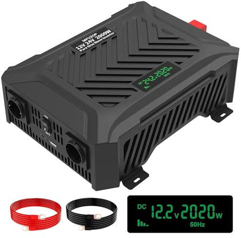MFUZOP Dual-Voltage Wechselrichter 12V/24V auf 230V Reiner Sinus 2000W mit Automatischer Spannungserkennung, Spannungswandler 4000W Spitze, 2 EU Steckdosen, USB-C & USB-A, LCD-Anzeige