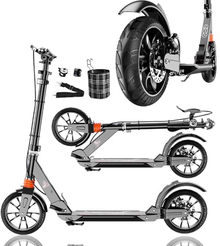 GHBXJX City Roller, Erwachsene 150 kg Tragkraft - BigWheel (200*50mm)Stabiler Scooter Kinder Pro, 4-Fach Höhenjustierbarer & zusammenklappbarer Roller mit Ständer ＆ Scheibenbremse Sportlicher,Schwarz