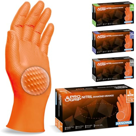 PROGRIP Einweghandschuhe Diamant Grip, Orange, Einmalhandschuhe Extra Stark, Nitrilhandschuhe Gr. L, 2x dicker, Handschuhe Einweg, Arbeitshandschuhe für Werkstatt & Montage, 500 Stück (10x50 Stk)