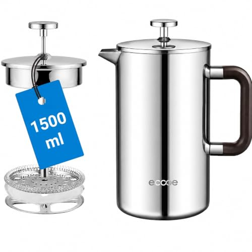 ecooe French Press Kaffeepresse 1,5 L Edelstahl Ddoppelwandig (Silber) | Thermo Kaffeebereiter aus 18/10 Edelstahl mit 2 Ersatzfiltern für Kaffee, Tee, Büro, Camping und Familie