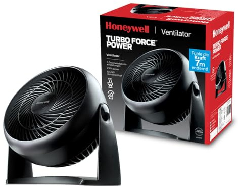 Honeywell TurboForce Turbo-Ventilator (Geräuscharme Kühlung, verstellbarer Neigungswinkel bis zu 90°, 3 Geschwindigkeitseinstellungen, Wandmontage, Tischventilator) HT900E, Schwarz