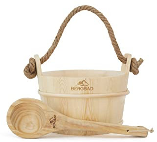BERGBAD Saunaeimer inkl. Schöpfkelle 3,5 Liter | Saunakübel aus naturbelassenem Holz | Hochwertiges Sauna Zubehör mit Kunststoffeinsatz und Hanfseil