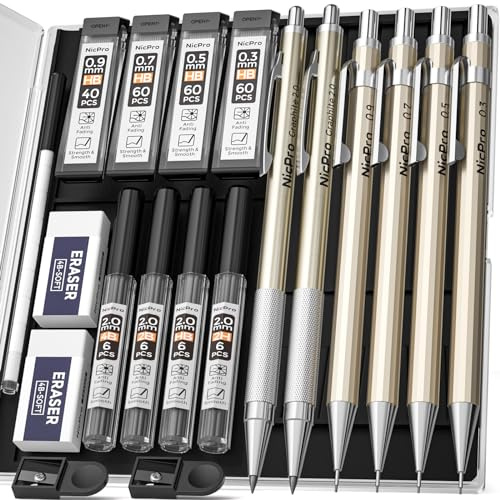 Nicpro 6 Stück Druckbleistifte Set, Metall Zeichenstifte, 0.3 0.5 0.7 0.9 2 mm Minenschreiber, Bleistifte für Kalligraphie, Skizzieren, Zeichnen, mit Röhrchen Nachfüllminen, Radiergummis, Spitzer
