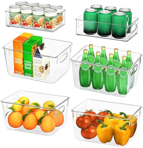 FINEW Kühlschrank Organizer 6er Set (4 Große/2 Mittel), BPA Frei | Hochwertig Speisekammer Vorratsbehälter mit Griff, Durchsichtig Aufbewahrungsbox Organizer für Küchen Kühlschrank Schränke