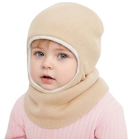 DRESHOW Kinder Wintermütze Warme Schal Schlupfmütze Strickmütze mit Kapuze aus Fleece Weiche Schalmütze Beanie Mütze für Kleinkinder Jungen Mädchen 1-6 Jahre