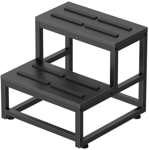 LIANTRAL 2 Stufen Tritthocker für Erwachsene Kinder, Holz Tritthocker | Anti-Rutsch Oberfläche & Verstellbare Füße, Tragfähigkeit 226 kg, Metallrahmen, Fußbank für Küche/Bad/Schlafzimmer, Schwarz