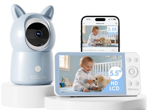 CZEview Babyphone mit Kamera 2.5K & 5.5-Zoll-HD-Großbildschirm, Nachtsicht, 360° WLAN Video Babyfon mit App, Musik & Buntes Nachtlicht, Intelligente Erkennung (Blau (1 Artikel)) | Superklar, Nachtsicht, Zwei-Wege-Audio, Schlaflieder, Temp.-Sensor, Schwenk-Neige-Zoom, App-Fernsteuerung, Nachtlicht