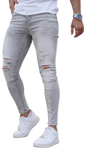 GINGTTO Herren Jeans Skinny Ripped Stretch Slim Fit Männer Denim Hose Zerrissene Jeanshose Casual Hell Grau 30