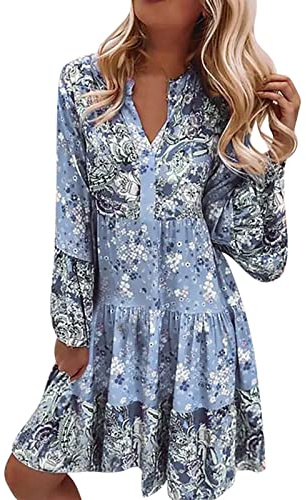 2025 - Damen-Tunika-Kleid im Ethno-Stil, bedruckt, Quaste, zum Binden, lockere Passform, Bohemian-Stil, Tunika-Kleid