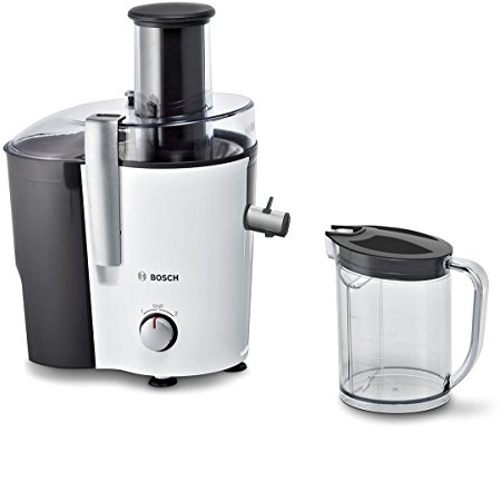 Bosch Entsafter VitaJuice 2, MES25A0, 700 W, XL Einfüllschacht 73 mm für ganze Früchte ohne Vorschneiden, Edelstahl-Microsieb, SafetyStop, BPA-frei, DripStop - kein Nachtropfen, Weiß und anthrazit