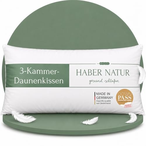 Hatchka Haber Natur 3 Kammer Daunenkissen 40x80 Flach & Weich | Made in Germany | 100% natürliche Daunen & Federn | Ergonomisch optimiertes Kissen 40x80 | ÖKO-TEX Zertifiziert