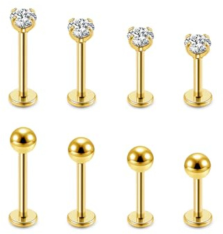 JSDDE 8 Stücke Labret Piercing Gold Set Lippenpiercing Conch Piercing Helix Tragus Piercing Knorpel Ohrringe Stud Medusa Piercing Gold 6-12mm