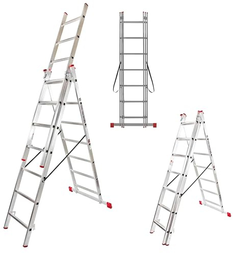 Hillagi 3x7 Mehrzweckleiter, Vielzweckleiter, 3x7 Sprossen, 3-teilige Alu-Kombileiter, bis 150 kg belastbar, max. Arbeitshöhe 4,3 m, Klappleiter, Multifunktionsleiter, Stehleiter, Silber/Rot