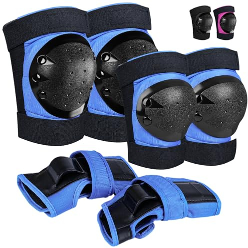 iMoebel Schützer Schonerset 6 in 1 Inliner Protektoren Set Kinder Schutzausrüstung, Verstellbare Knieschoner Ellenbogenschützer Handgelenkschoner für Skaten Fahren Roller Skateboard, Blau M