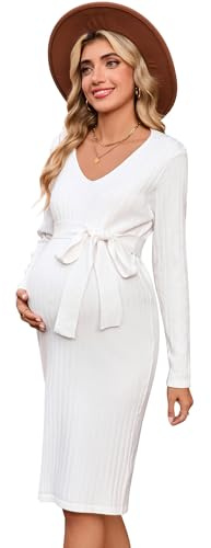 YesFashion Umstandskleid Damen Langarm Gerippt V-Ausschnitt Schwangerschaftskleid mit Bindegürtel für Alltag