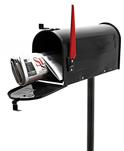Wiltec Set US Mailbox schwarz 180 x 220 x 480 mm, amerikanischer Briefkasten mit Fahne, Standbriefkasten Stahl amerikanisches Design mit passendem Standfuß