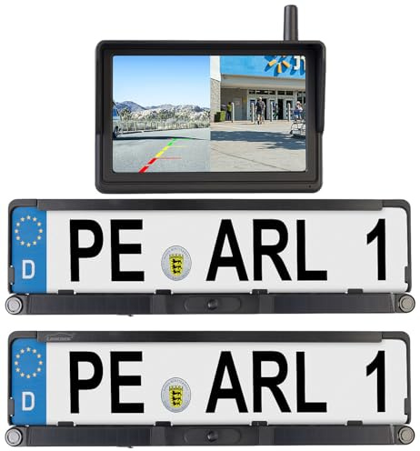 Lescars Einparkhilfe nachrüsten: Solar-Funk-HD-Front- & Rückfahrcam, Splitscreen-Monitor Abstandswarner (Einparkhilfe nachrüsten kabellos, Parksensoren kabellos, IP)