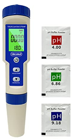 Ueomul digitales PH Messgerät 5 in 1 TDS EC Salzgehalt Temperatur pH Tester Hochpräzises wasserdichtes IP67 Multiparameter-Tester Wasser-pH-Meter Automatische Temperaturkompensation