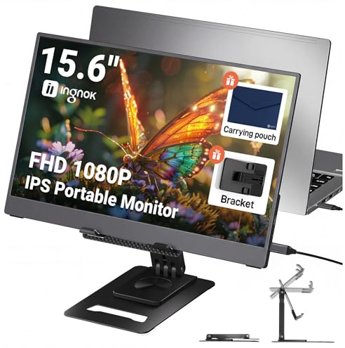 Ingnok Tragbarer Monitor 15,6 Zoll FHD IPS, Portable Monitor für Laptop | Ultra-dünner Mobile Monitor mit verstellbarem Standfuß, 2 USB-C, Mini-HDMI und Lautsprechern für PC, Mac und PS4/5/X-box