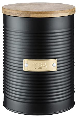 Typhoon OTTO Kollektion, 1,4 L Tee Aufbewahrung luftdicht mit Bambusdeckel und Silikondichtung, Schwarz, dekorative Tee Aufbewahrungsbox aus beschichtetem Stahl, Matcha Dose mit goldener Beschriftung