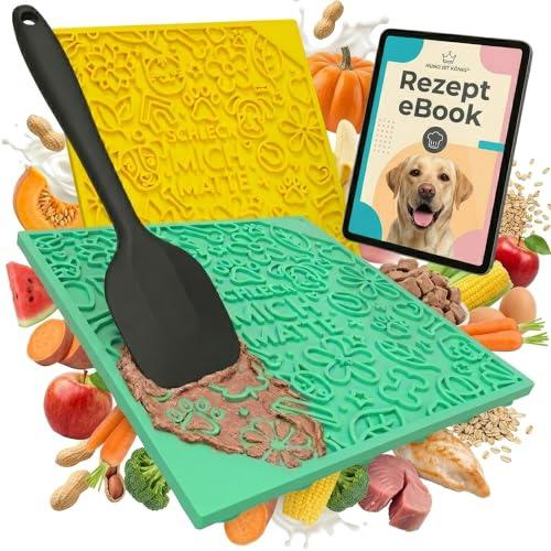 HUND IST KÖNIG Schleckmatte Hund (2X) mit patentierter Struktur + Saugnäpfe | Leckmatte Hund 22x22cm [2 Stück] inkl Spatel + Rezepte-Ebook, Hunde Leckmatte lebensmittelecht & spülmaschinenfest