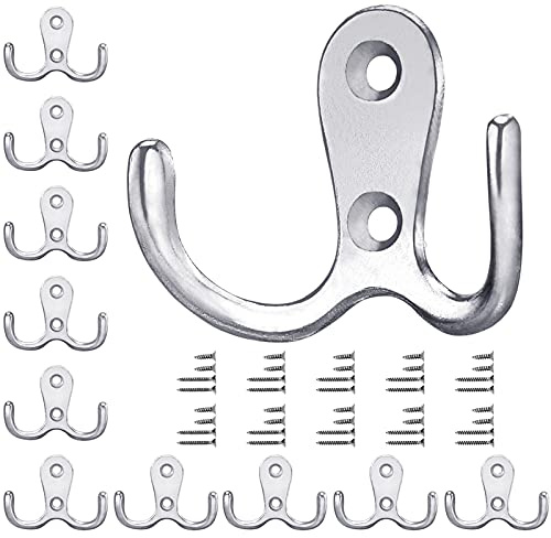 Gorffy 10 Stück Kleiderhaken Wand Silber, Garderobenhaken, Doppelhaken | Vintage mit Schrauben, Metall Doppelhaken Wandhaken, Kleiderhaken Wand für Bad, Küche, Stabil Rostfrei, Leicht Montierbar