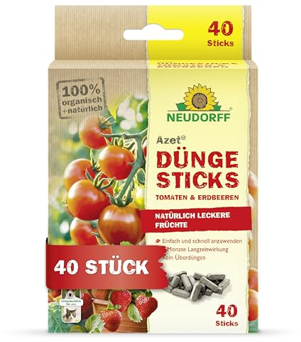Neudorff Azet DüngeSticks für Tomaten und Erdbeeren – Bio Düngestäbchen für viele leckere Tomaten und Erdbeeren mit 2 Monaten Langzeitwirkung, 40 Stück