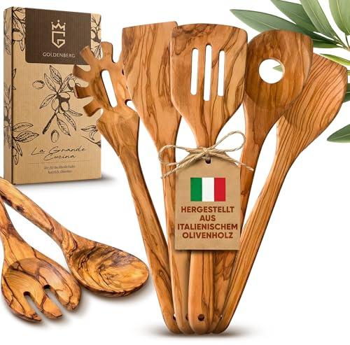 GOLDENBERG® Premium Kochlöffel Set 7-teilig | feinstes italienisches Olivenholz | antibakteriell & langlebig | 2x Pfannenwender Holz, 2x Kochlöffel Holz, Salatbesteck & Spaghettilöffel