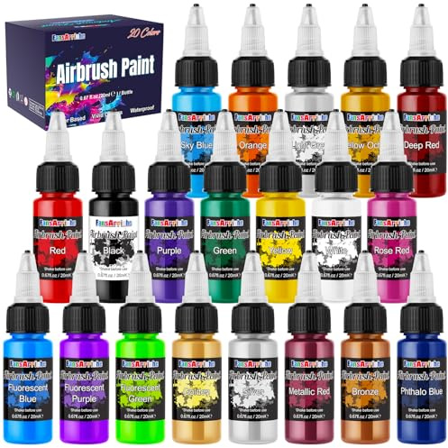 FansArriche Airbrush-Farbe, 20 Farben, Acryl-Luftpinsel-Set, blickdichte und neon Farben, Perlenfarben, für Anfänger, Künstler, DIY-Projekte, 20 ml/Flasche