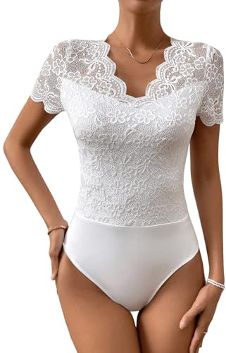 GORGLITTER Damen Body Elegant Trachtenbody Spitze Blusebody Festival Outfit | Trachtenbody Für Damen, Trachtenbluse Mit V-Ausschnitt, Bodysuit Elegant, Dirndlbody Für Oktoberfest