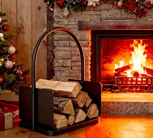 Kingson Kaminholzkorbhalter – Schwarz pulverbeschichteter Stahl-Holzscheit-Träger mit Griff und erhöhter Kante – 42x28x42cm – Kaminholz-Aufbewahrungsregal für drinnen und draußen