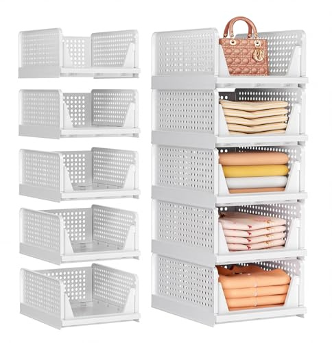 SNSLXH 5er-Set Stapelbare Kleiderschrank-Organizer, Weiß | Schrank-Lagersystem, geeignet für Kleidung, Handtücher, Zubehör, Schlafzimmer, Badezimmer, Küche