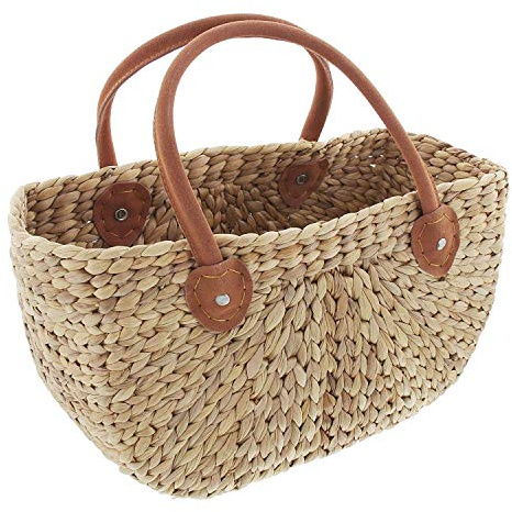FRANK FLECHTWAREN Korbtasche mit Ledergriff, Wasserhyazinthe, 38x20x22 cm, Echtes Leder, Einkaufstasche Strandtasche Boho