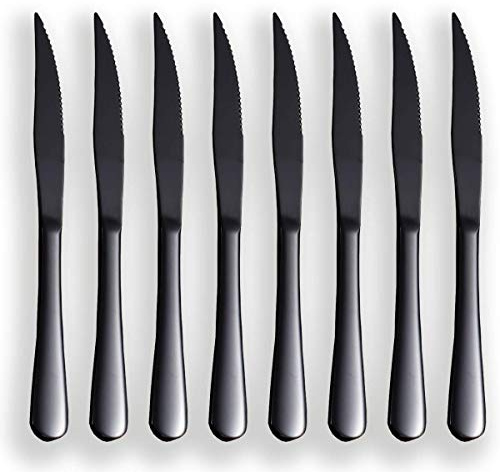 Schwarzes Steakmesser-Set, Kyrtaon Schwarzes gezahntes Messer, Titanschwarzes Edelstahl-Scharfmesser-Set, Tafelmesser-Set von 8, Spülmaschinenfest, robust und leicht zu reinigen