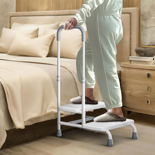 FORTEMOTUS Badewannentritt 2 Treppenstufen mit Haltegriff, rutschfest mit Drainagelöchern, Kohlenstoffstahl Tritthocker für Senioren, 200 kg Belastbarkeit für Badewanne, Bett & Auto(Weiß)