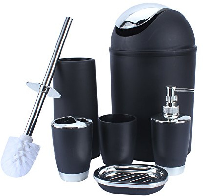 Bad Badezimmer 6-teiliges Badaccessoires Set, Schwarz, mit Seifenspender, Zahnputzbecher, Seifenschale, Zahnbürstenhalter, Mülleimer und Toilettenbürste