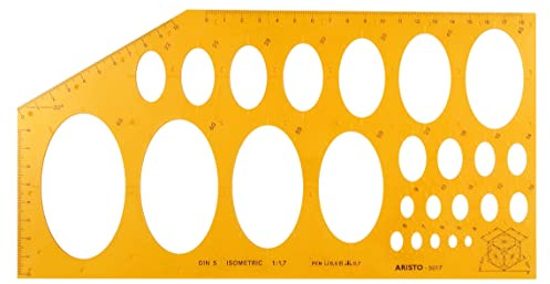 Aristo AR5017 Ellipsenschablone Isometric (25 Ellipsen auf isometrischen Achsen, Durchmesser 4 bis 65mm, Tuschenoppen, formstabiler Kunststoff) orange-transparent