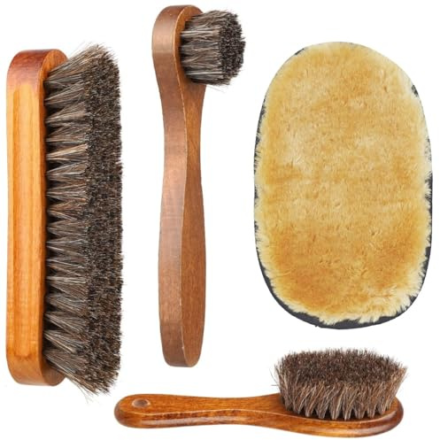 4er Pack Schuhbürsten Set aus Rosshaar für Schuhpflege - Schuhpolierbürsten - Inklusive Polierbürste Glanzbürste Auftragsbürste Cremebürste Kunstwollhandschuh für Schuhe