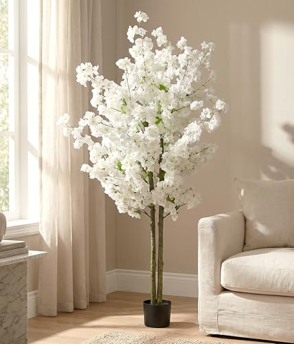 Kunstpflanze Kirschblütenbaum Kirschbaum künstlich Pflanze Kunstbaum Kirschblüte Zimmerpflanze (Weiß 160 cm)