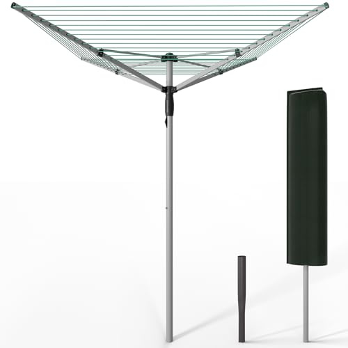 VOUNOT® Wäschespinne Draußen, Klappbarer Wäscheständer 4-stufig höhenverstellbar, Wäscheschirm mit 50m Wäscheleine inkl. Bodenhülse und Schutzhülle, Silber-Grün